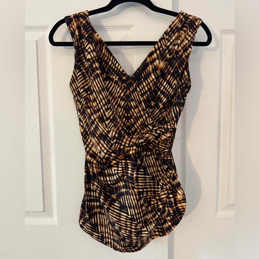 Lands' End Brown Patterned Ruched Wrap Swimsuit